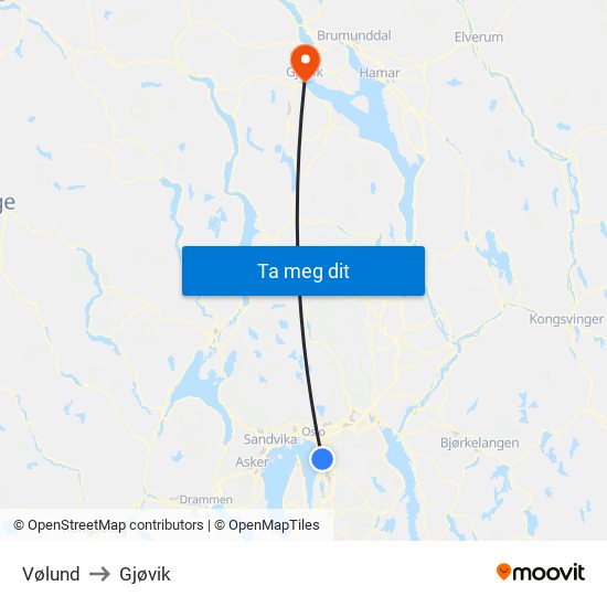 Vølund to Gjøvik map