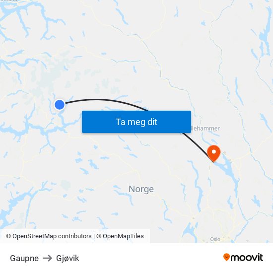 Gaupne to Gjøvik map