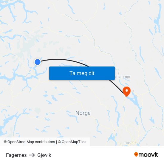 Fagernes to Gjøvik map