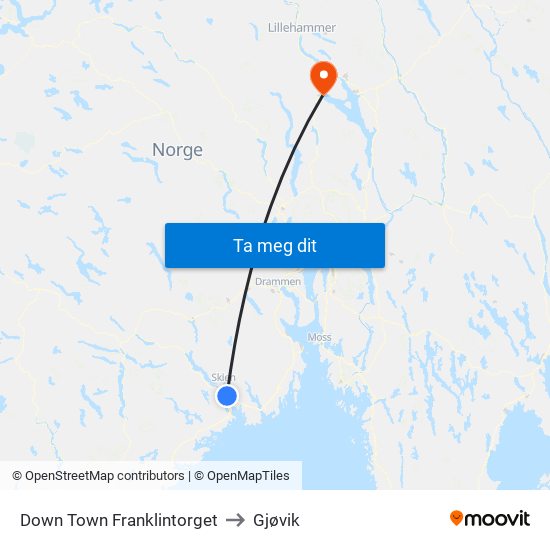Down Town Franklintorget to Gjøvik map