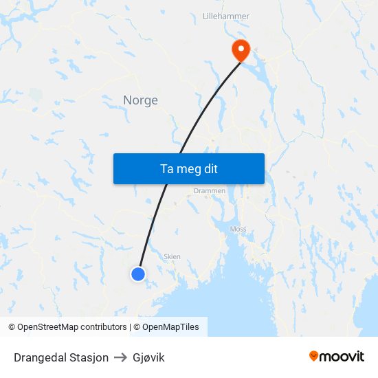 Drangedal Stasjon to Gjøvik map