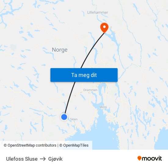Ulefoss Sluse to Gjøvik map
