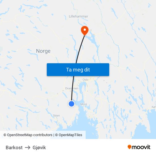 Barkost to Gjøvik map