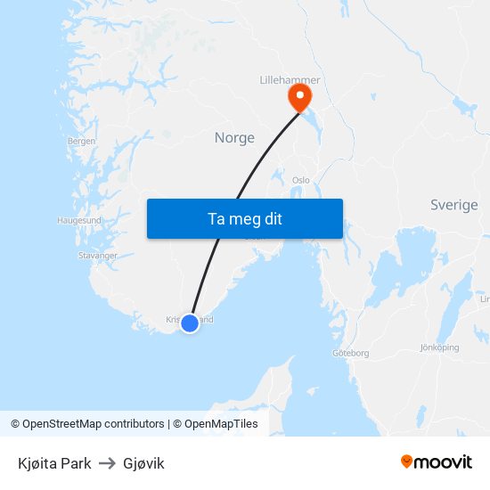 Kjøita Park to Gjøvik map