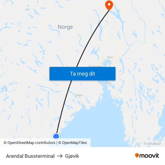 Arendal Bussterminal to Gjøvik map