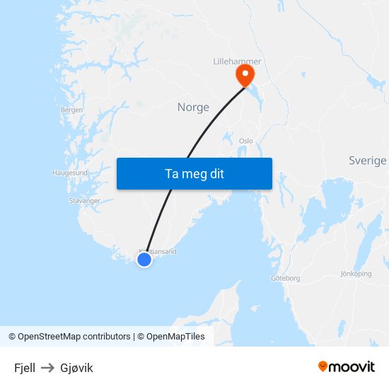 Fjell to Gjøvik map