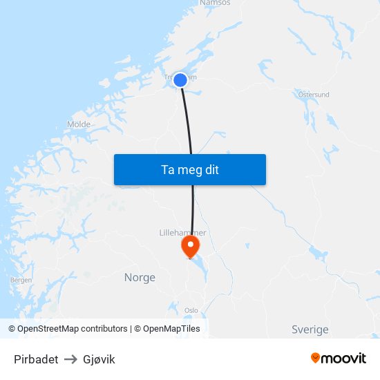 Pirbadet to Gjøvik map