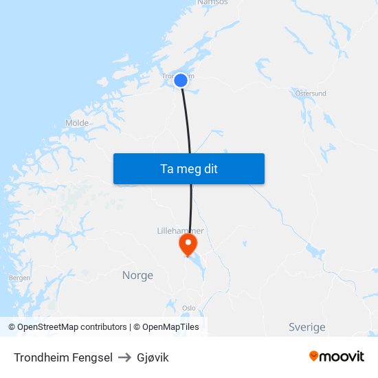 Trondheim Fengsel to Gjøvik map