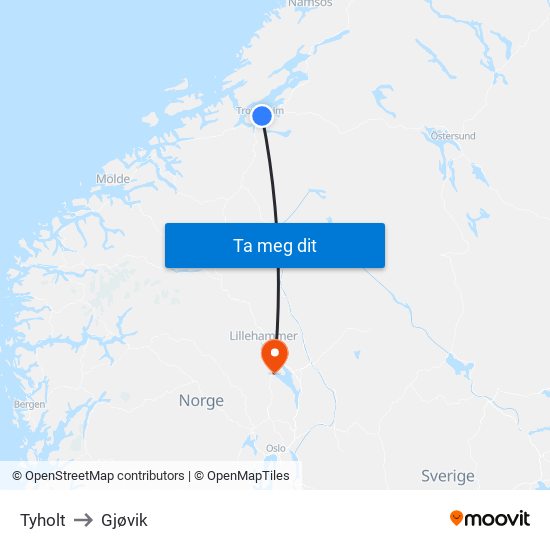 Tyholt to Gjøvik map