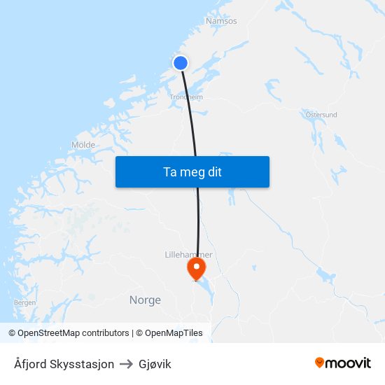 Åfjord Skysstasjon to Gjøvik map