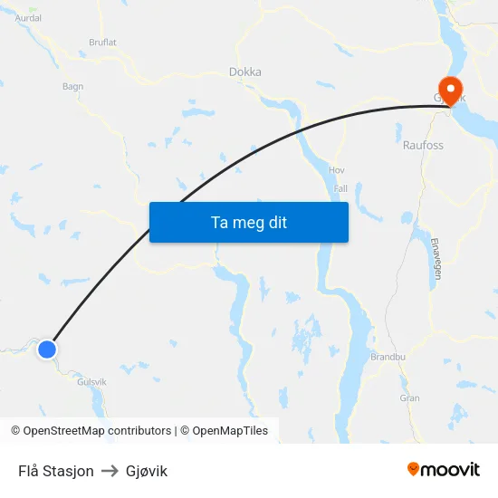 Flå Stasjon to Gjøvik map