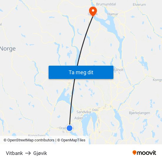 Vitbank to Gjøvik map