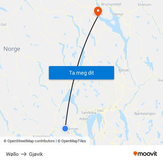 Wøllo to Gjøvik map