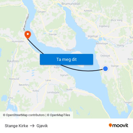 Stange Kirke to Gjøvik map