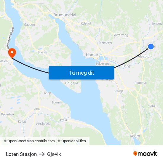 Løten Stasjon to Gjøvik map