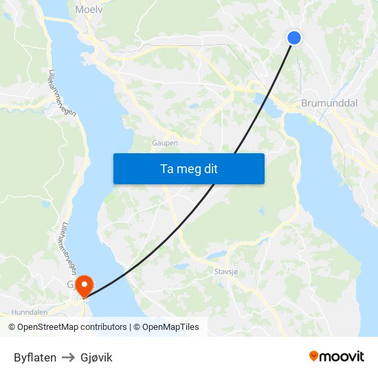 Byflaten to Gjøvik map