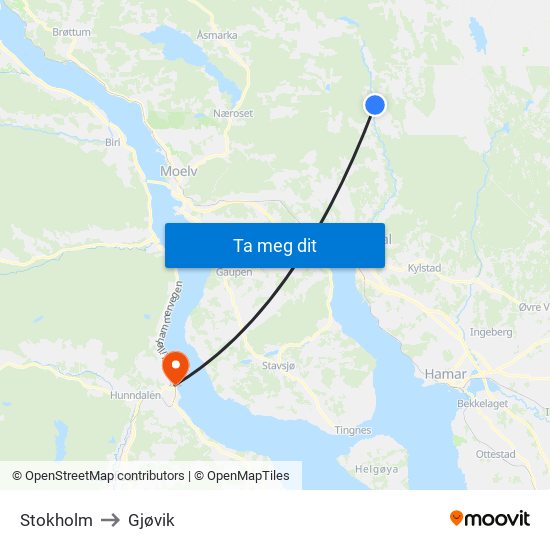 Stokholm to Gjøvik map