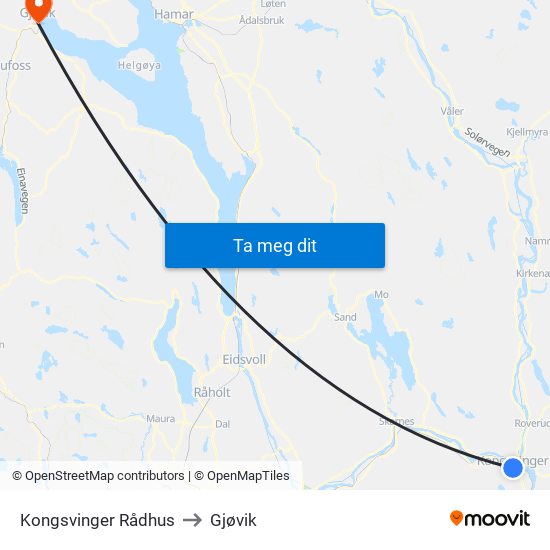Kongsvinger Rådhus to Gjøvik map