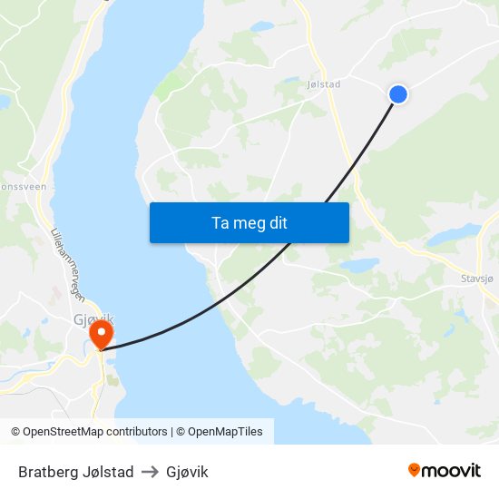 Bratberg Jølstad to Gjøvik map