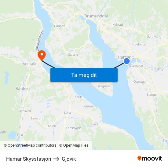 Hamar Skysstasjon to Gjøvik map