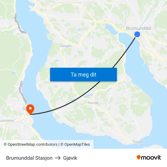 Brumunddal Stasjon to Gjøvik map