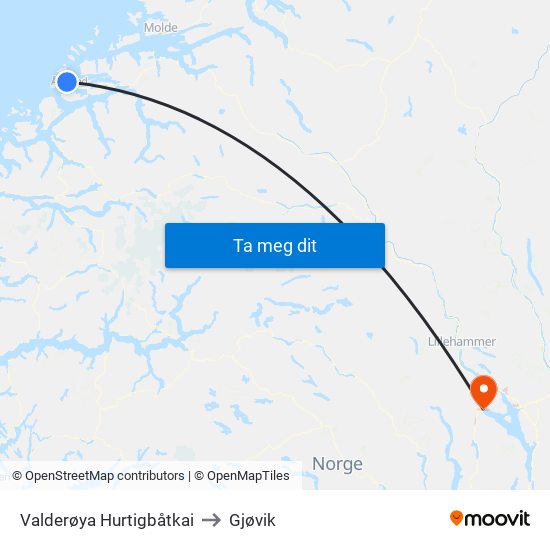 Valderøya Hurtigbåtkai to Gjøvik map