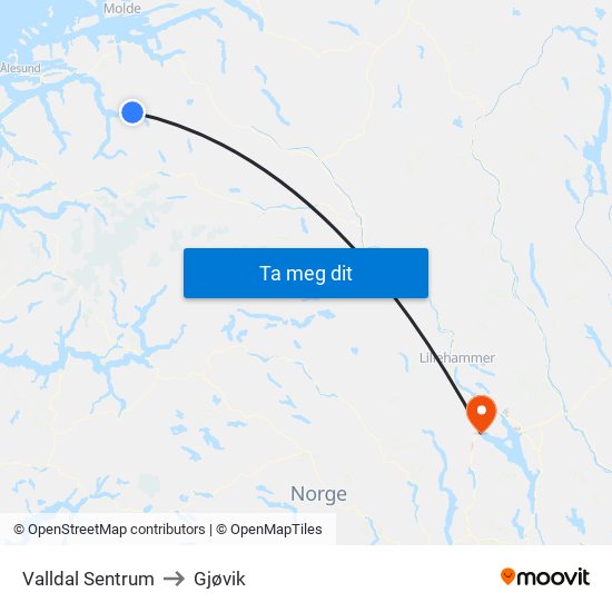 Valldal Sentrum to Gjøvik map