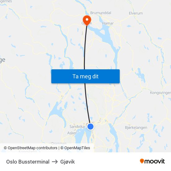 Oslo Bussterminal to Gjøvik map
