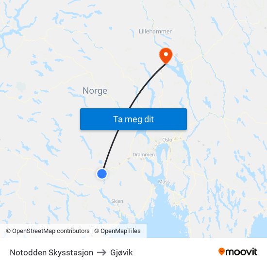 Notodden Skysstasjon to Gjøvik map