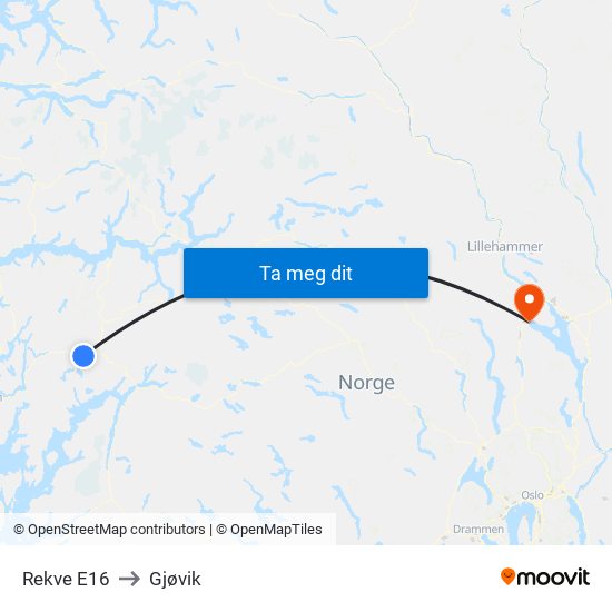 Rekve E16 to Gjøvik map
