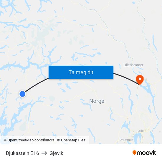 Djukastein E16 to Gjøvik map
