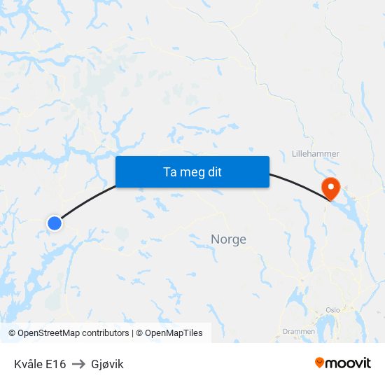 Kvåle E16 to Gjøvik map