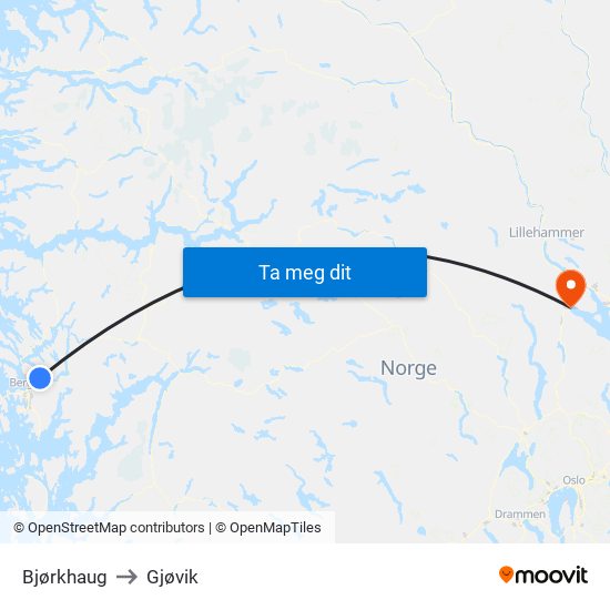Bjørkhaug to Gjøvik map