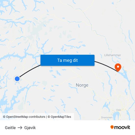 Geitle to Gjøvik map