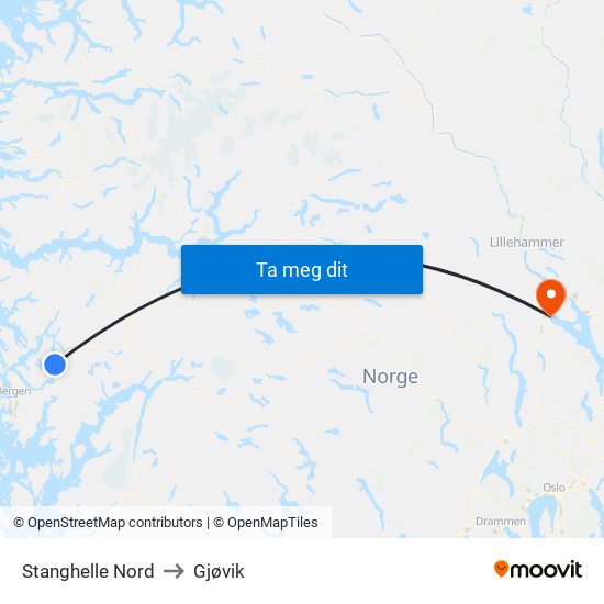 Stanghelle Nord to Gjøvik map