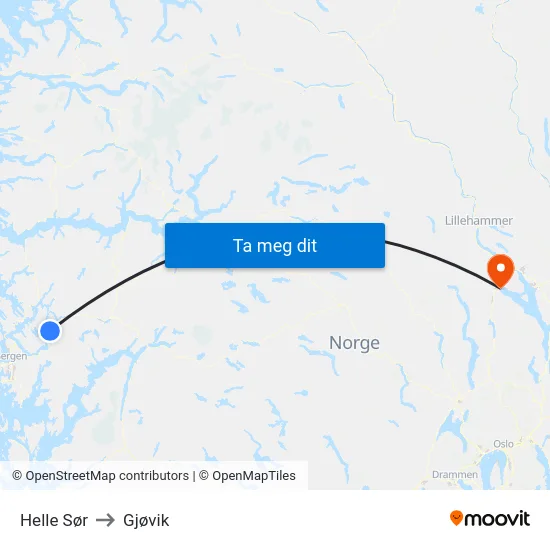 Helle Sør to Gjøvik map