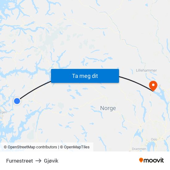 Furnestreet to Gjøvik map