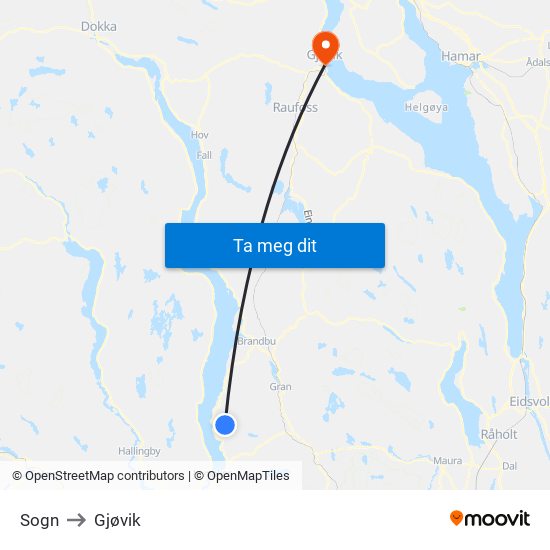Sogn to Gjøvik map