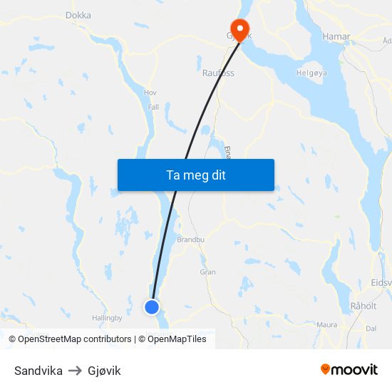Sandvika to Gjøvik map