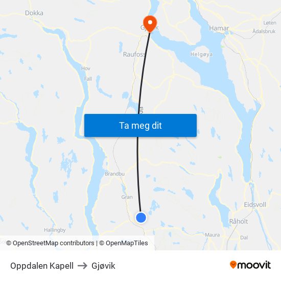 Oppdalen Kapell to Gjøvik map