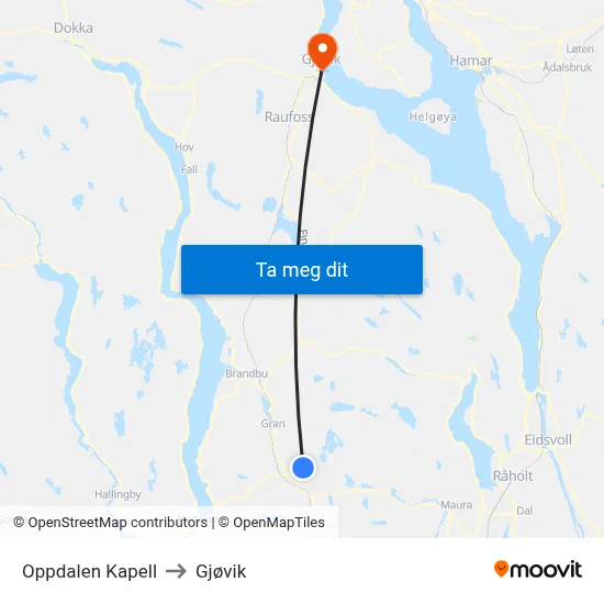 Oppdalen Kapell to Gjøvik map