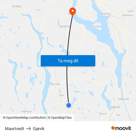 Maurtvedt to Gjøvik map