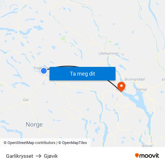 Garlikrysset to Gjøvik map