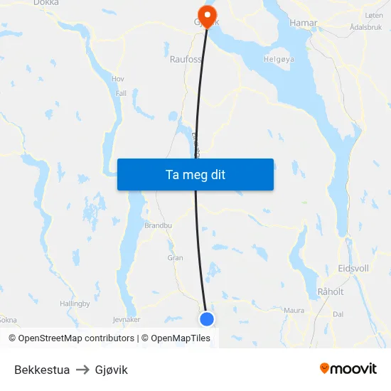 Bekkestua to Gjøvik map