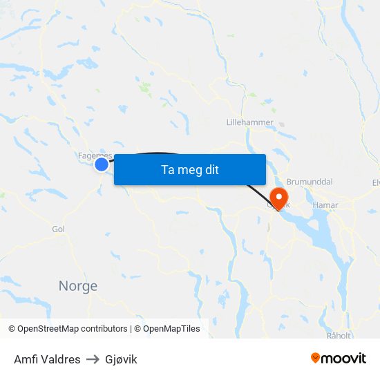 Amfi Valdres to Gjøvik map
