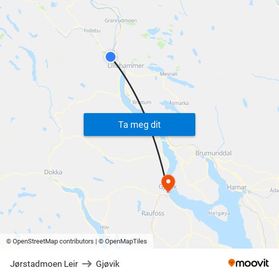 Jørstadmoen Leir to Gjøvik map