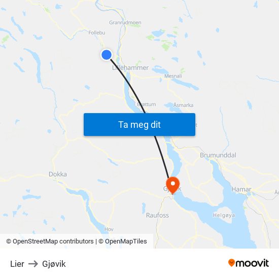 Lier to Gjøvik map