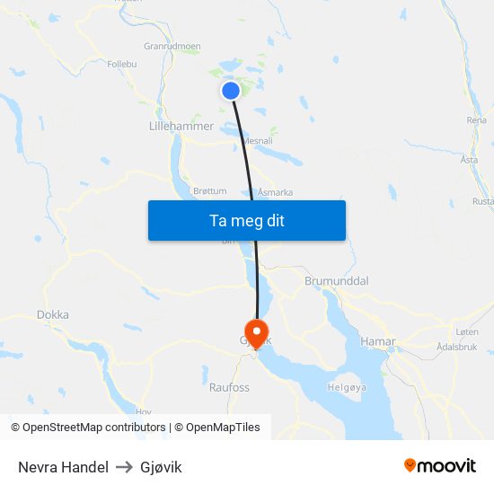 Nevra Handel to Gjøvik map