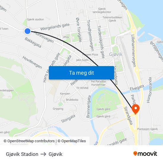 Gjøvik Stadion to Gjøvik map