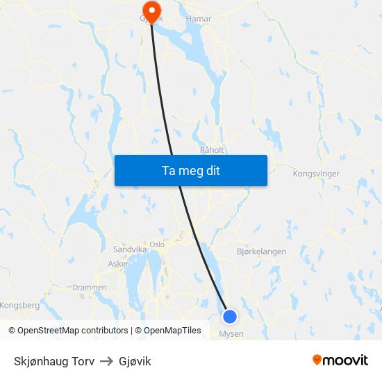 Skjønhaug Torv to Gjøvik map